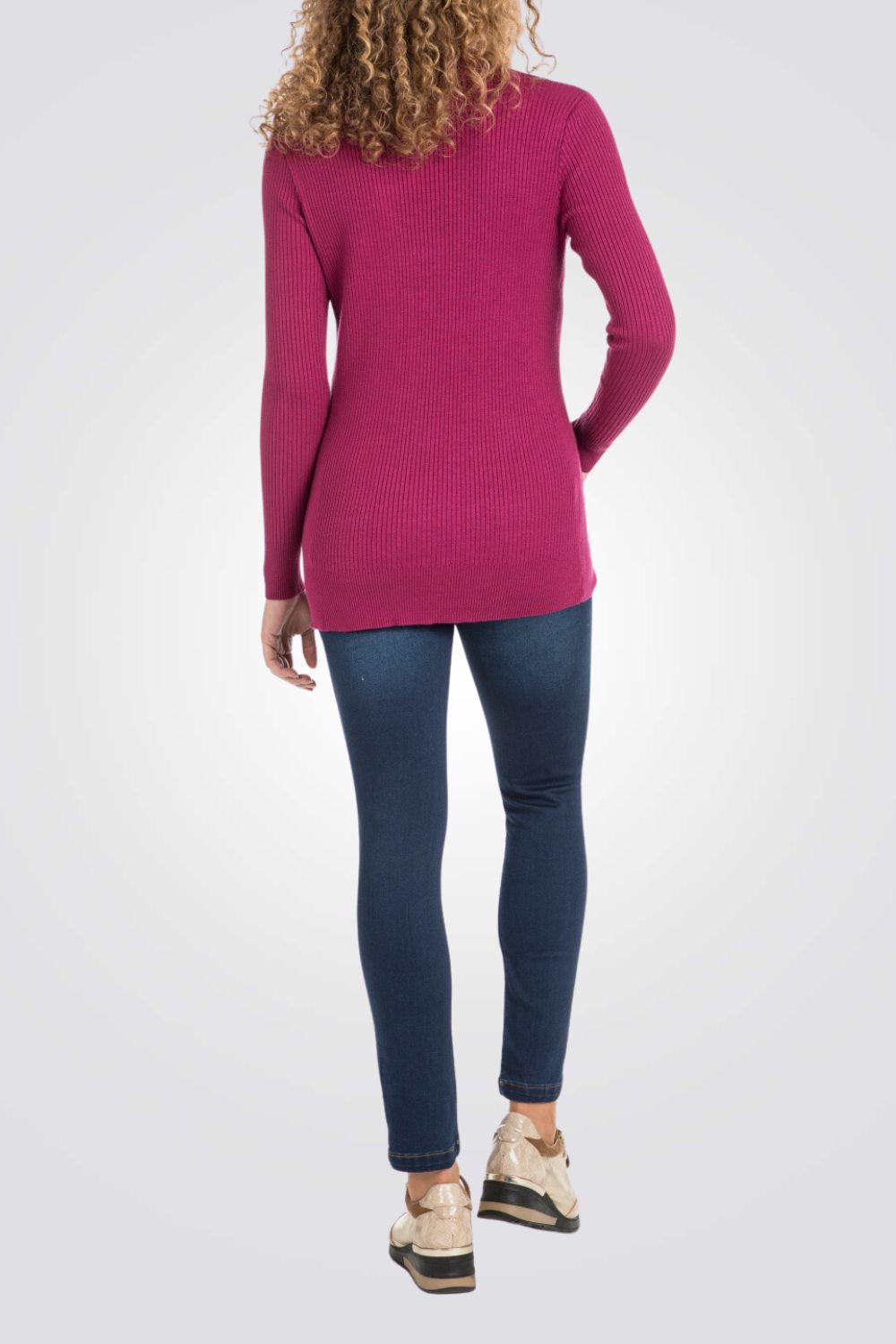 סריג ג'רסי ריב צווארון גבוה בצבע ורוד פוקסיה