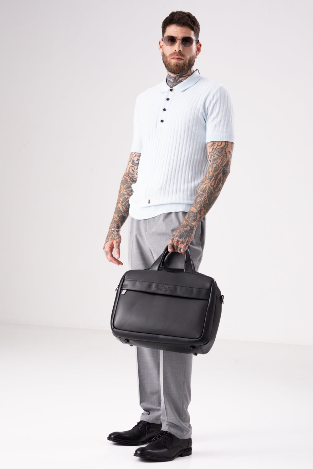 סריג פולו דק שרוולים קצרים בצבע תכלת