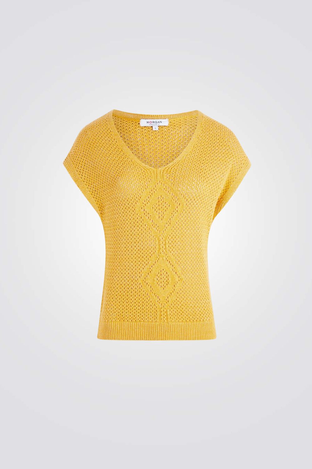 סריג פתוח שרוולים קצרים בצבע חרדל