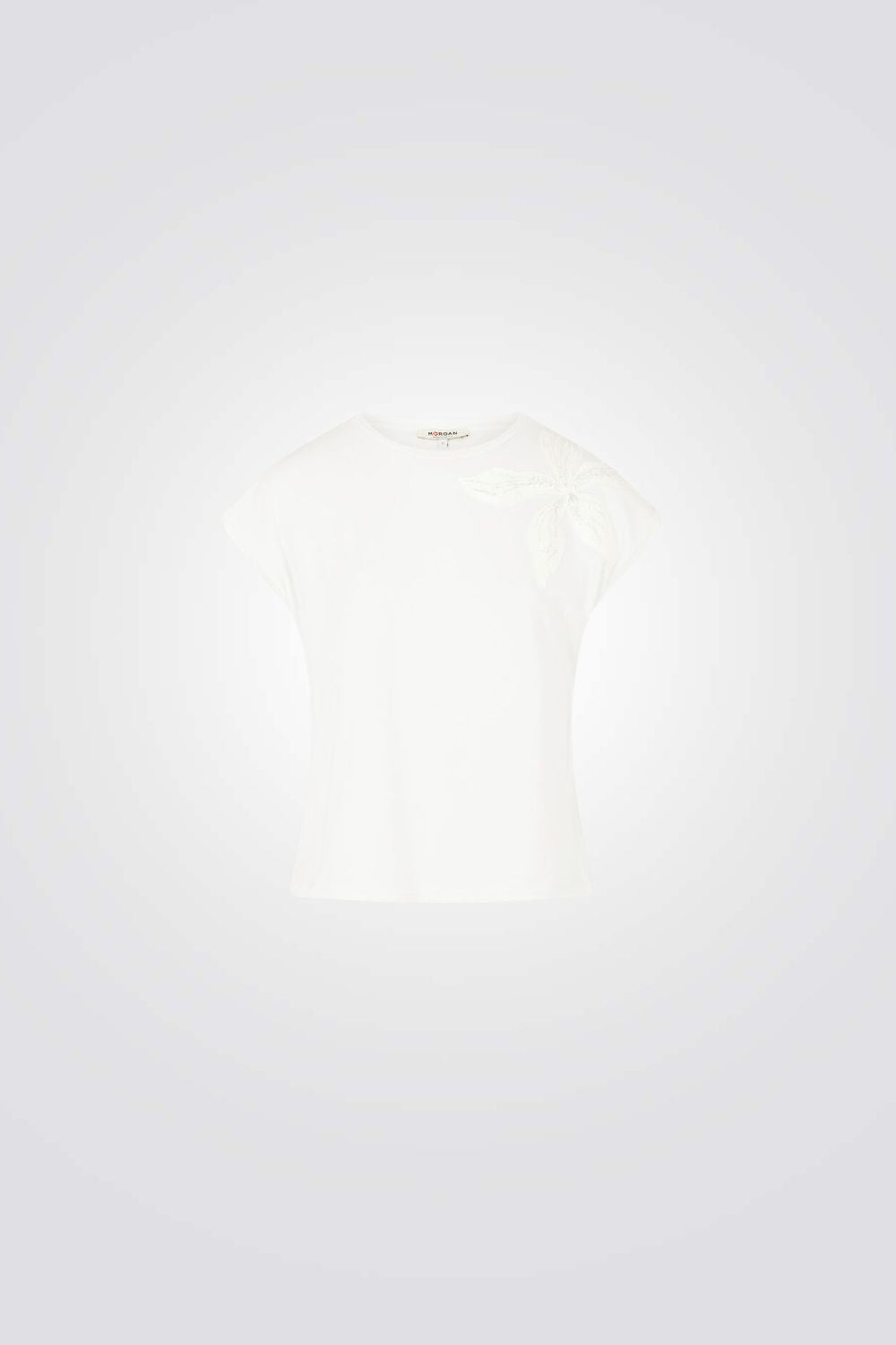 טישירט עיטור רקמת פרח מנצנץ בצבע לבן