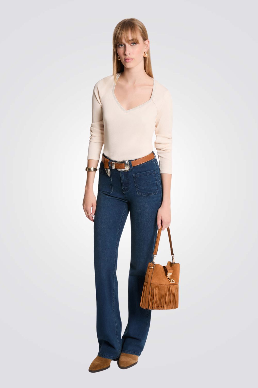 טישירט ריב שרוול ארוך בצבע שמנת