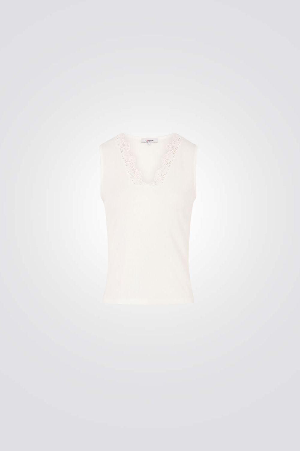 טופ במראה ריב צווארון וי תחרה בצבע לבן