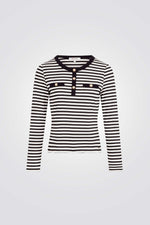 טישירט שרוולים ארוכים הדפס פסים לבן/שחור