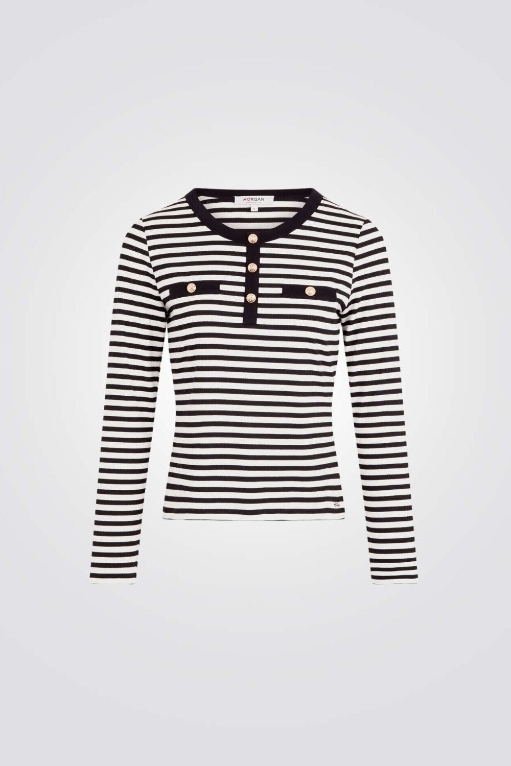 טישירט שרוולים ארוכים הדפס פסים לבן/שחור