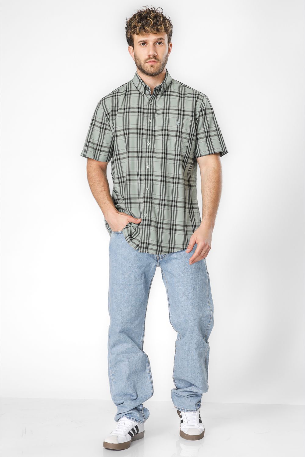 חולצה מכופתרת הדפס משבצות שרוולים קצרים