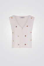 ווסט סריג בצבע לבן עם עיטורי פרחים