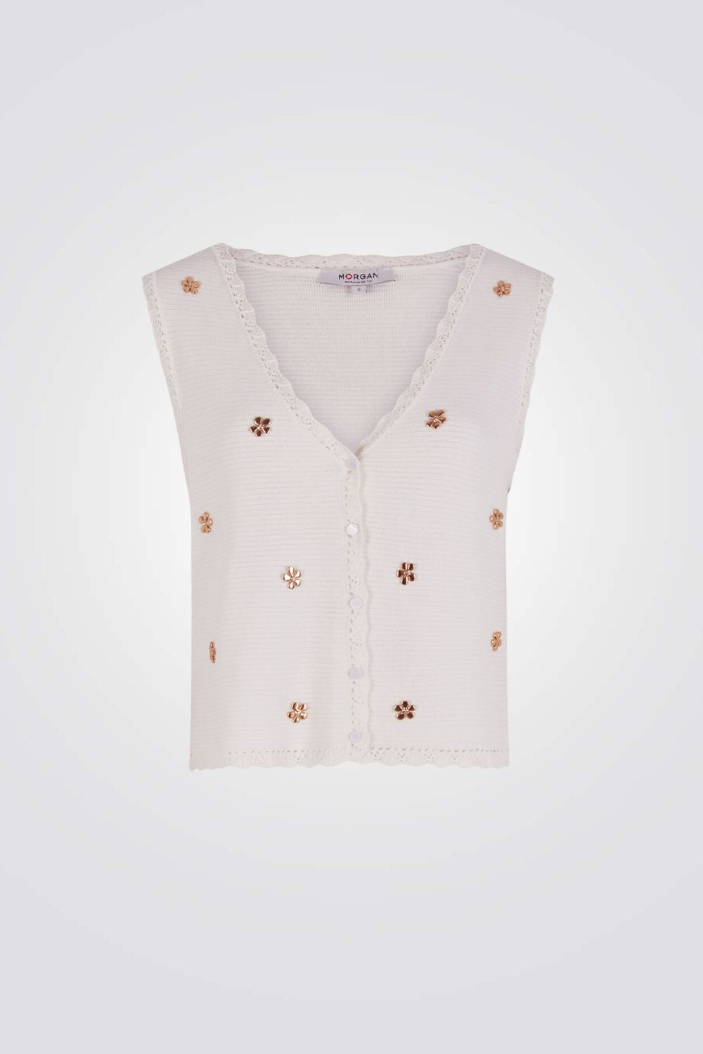 ווסט סריג בצבע לבן עם עיטורי פרחים