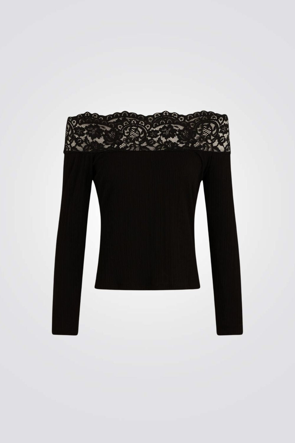 חולצת ריב אוף שולדרס בשילוב תחרה בצבע שחור