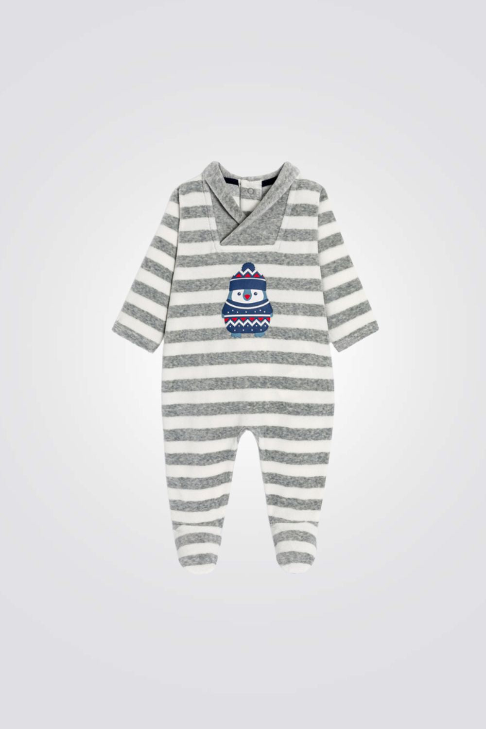 אוברול פיג'מה מקטיפה עם פסים אפור ולבן ופינגווין מקדימה