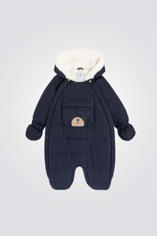מעיל אוברול לתינוקות בצבע נייבי עם דובי מקדימה