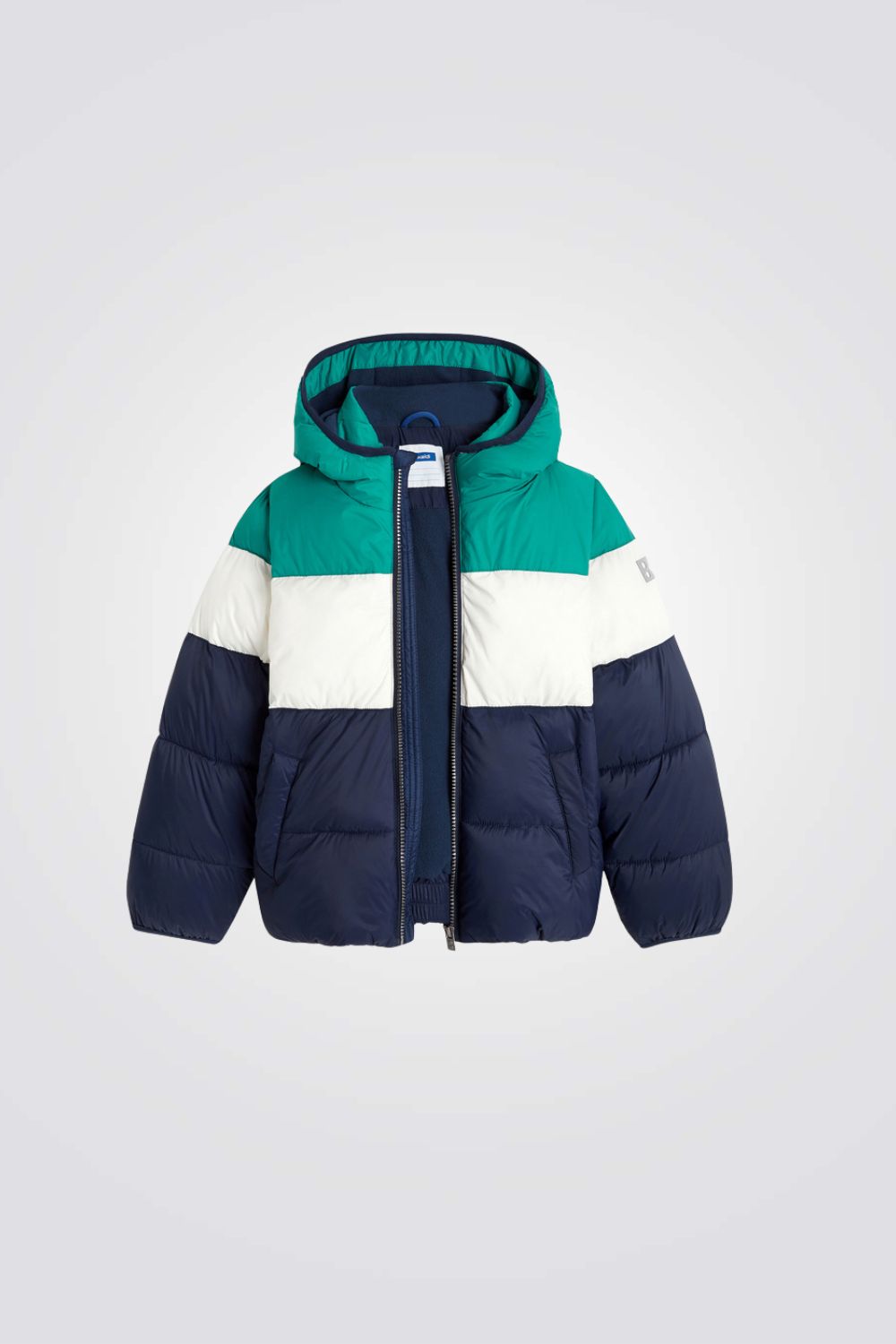 מעיל פוך עם קפוצ'ון לילדים בצבעי כחול ירוק ולבן