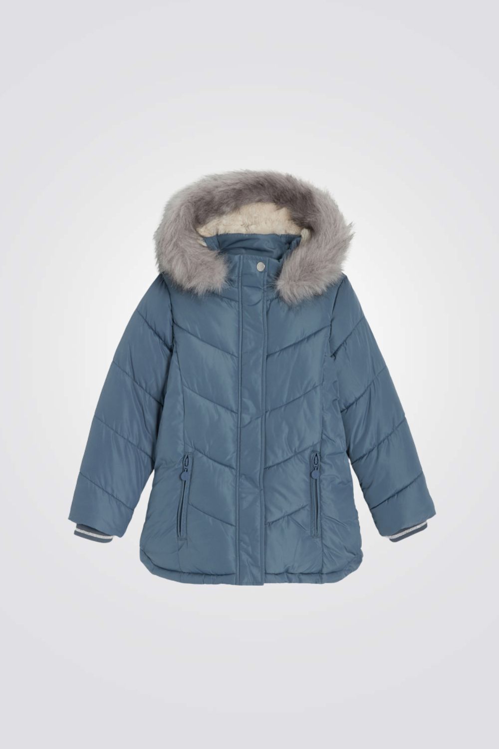 מעיל לילדות בצבע אפור עם כובע פרווה