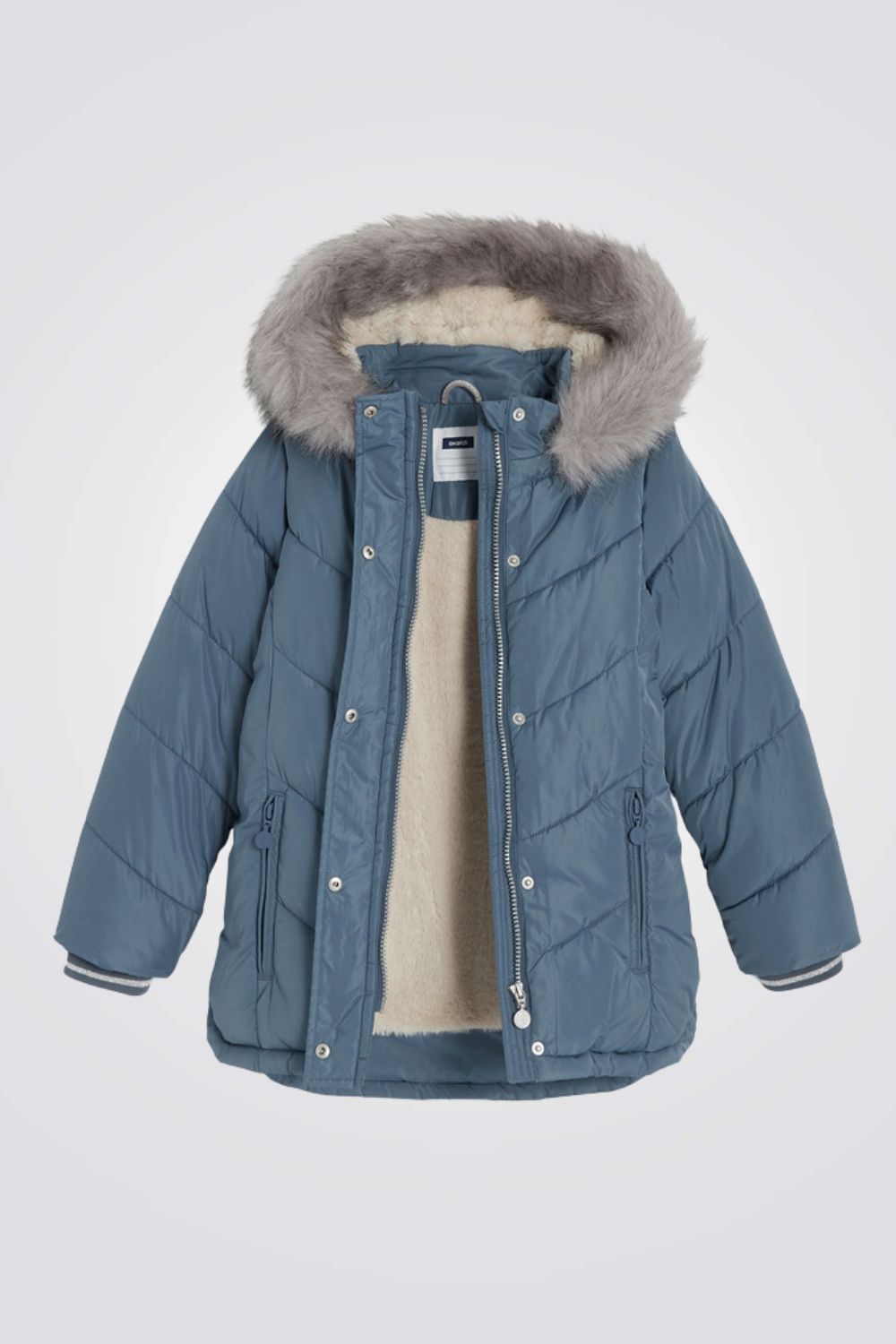 מעיל לילדות בצבע אפור עם כובע פרווה