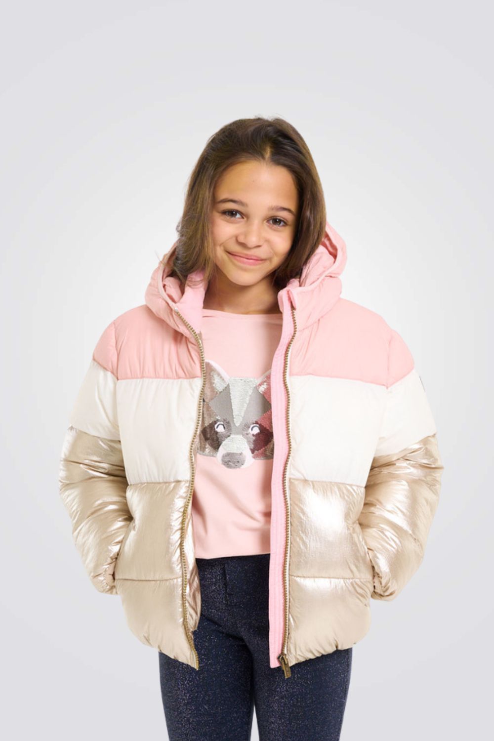 מעיל פוך לילדות בצבעי ורוד זהב ולבן