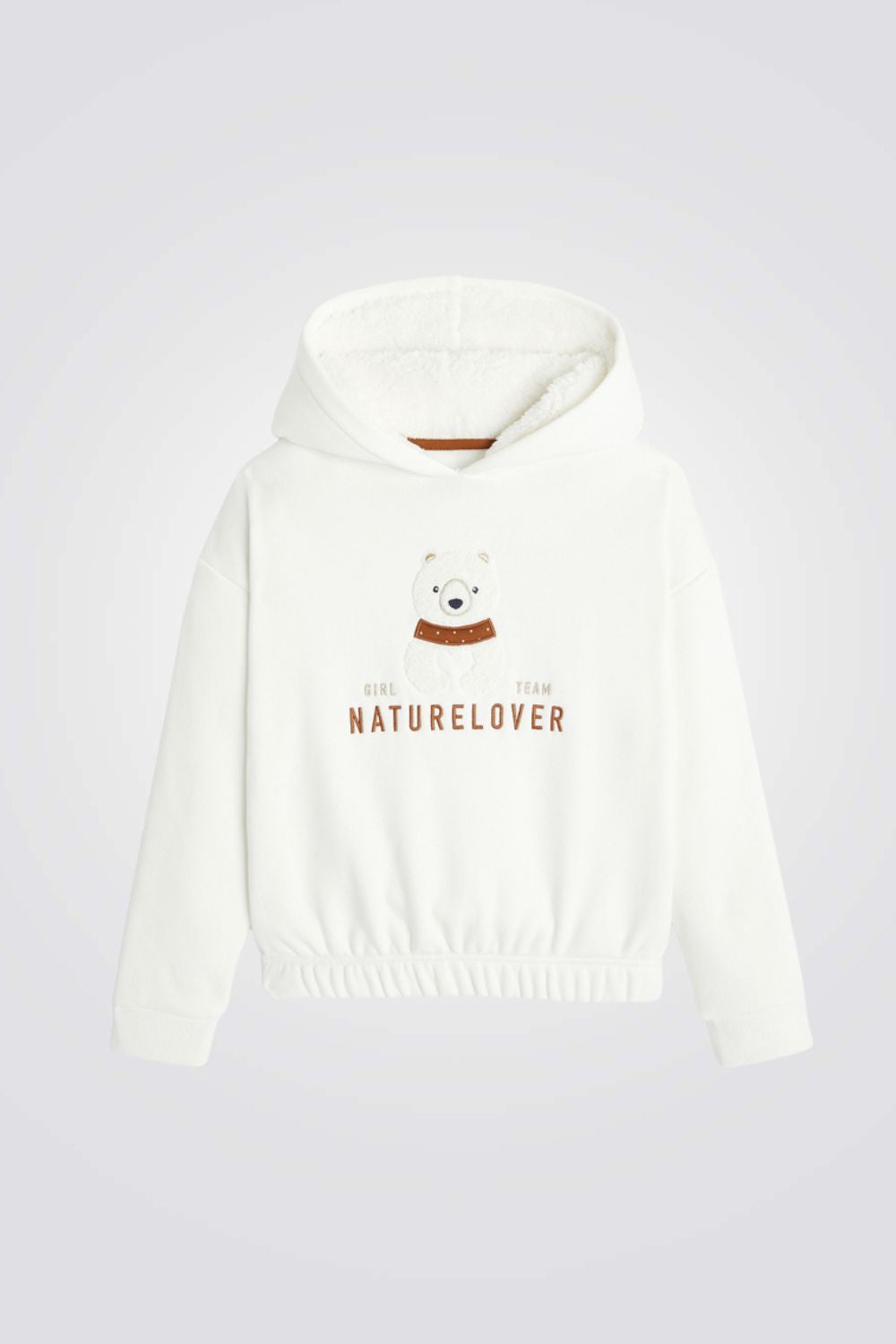 סווטשירט עם קפוצ'ון לילדות בצבע לבן עם רקמת דובי
