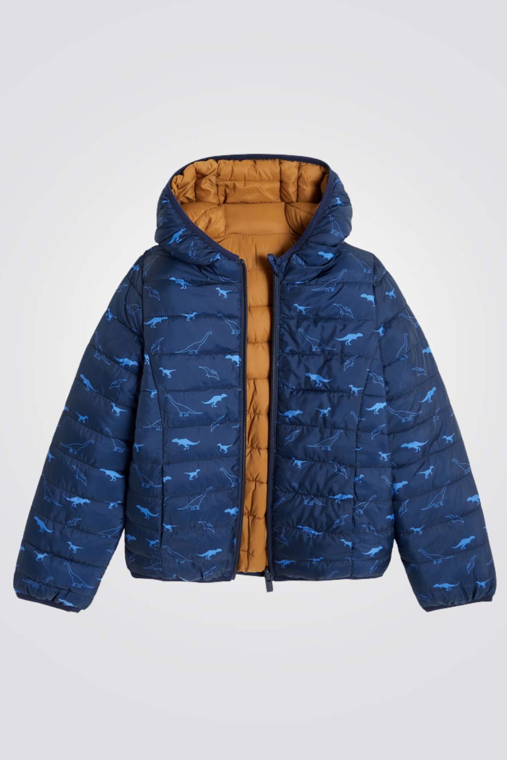 מעיל פוך דו צדדי לילדים בצבע כחול עם הדפס דינוזאורים