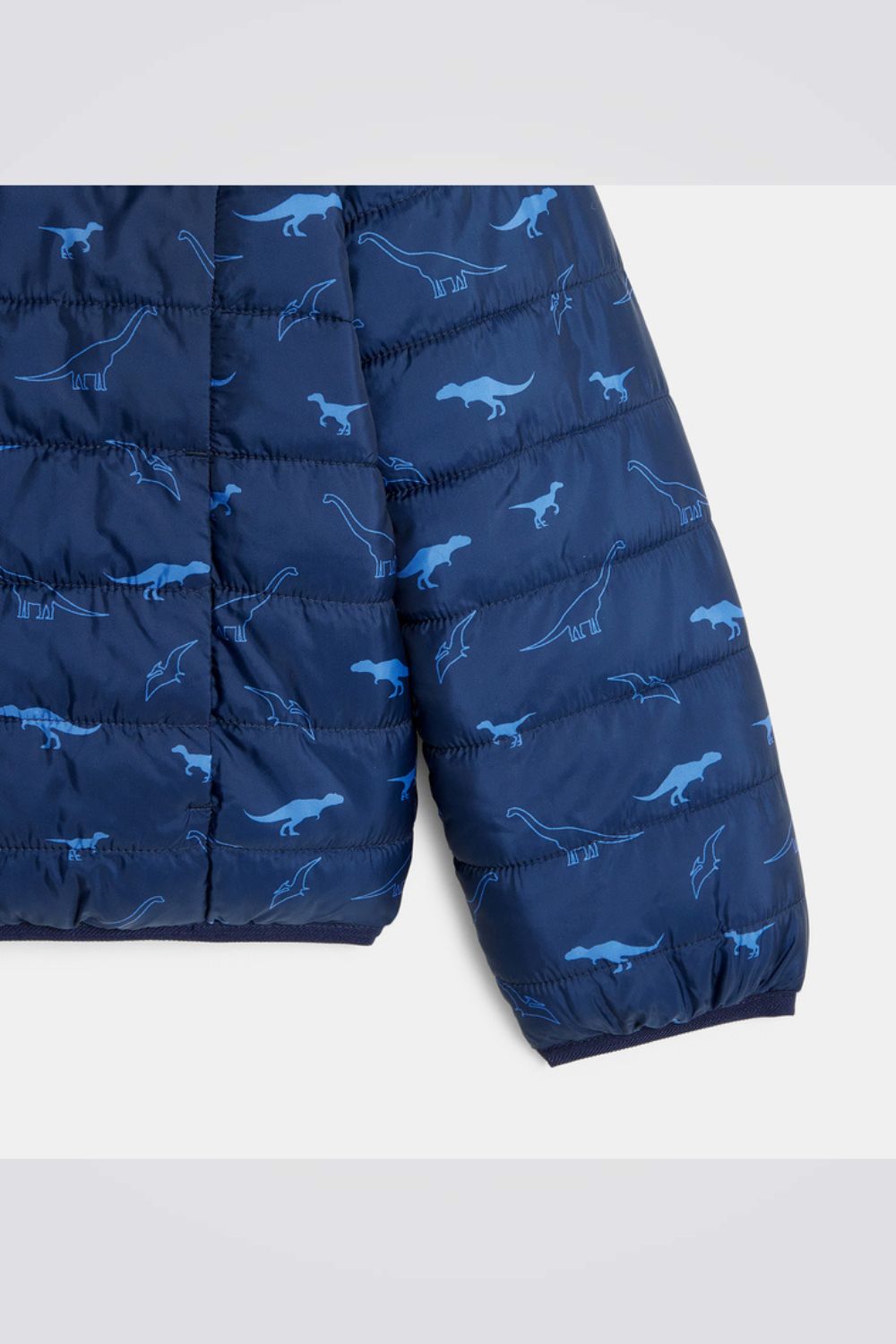 מעיל פוך דו צדדי לילדים בצבע כחול עם הדפס דינוזאורים
