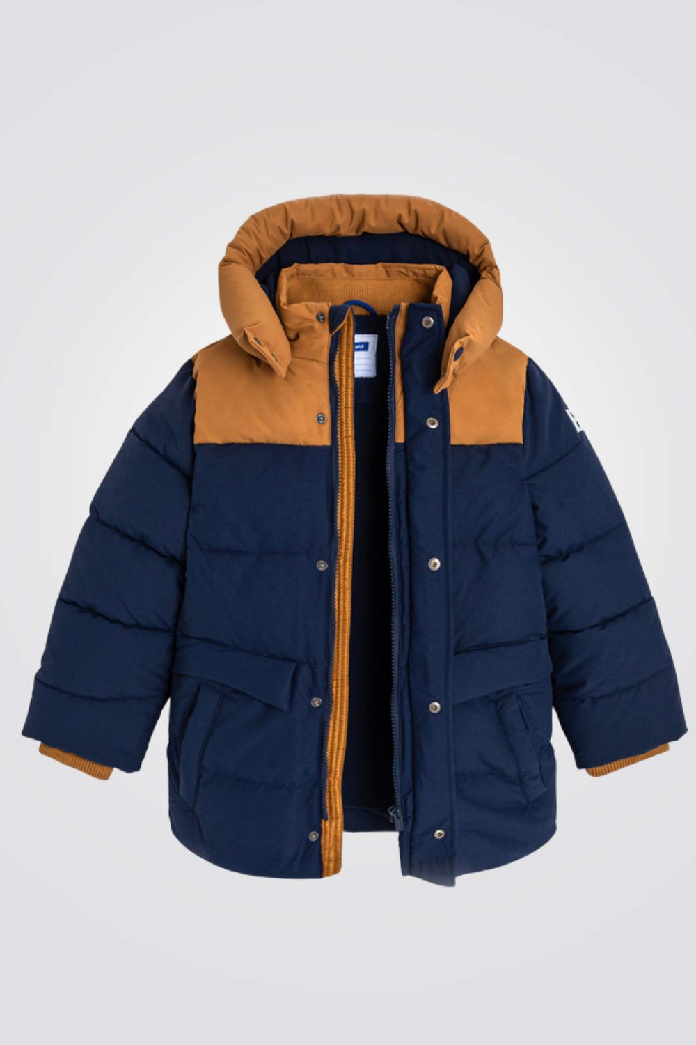 מעיל פוך לילדים עם קפוצ'ון בצבע נייבי וכאמל