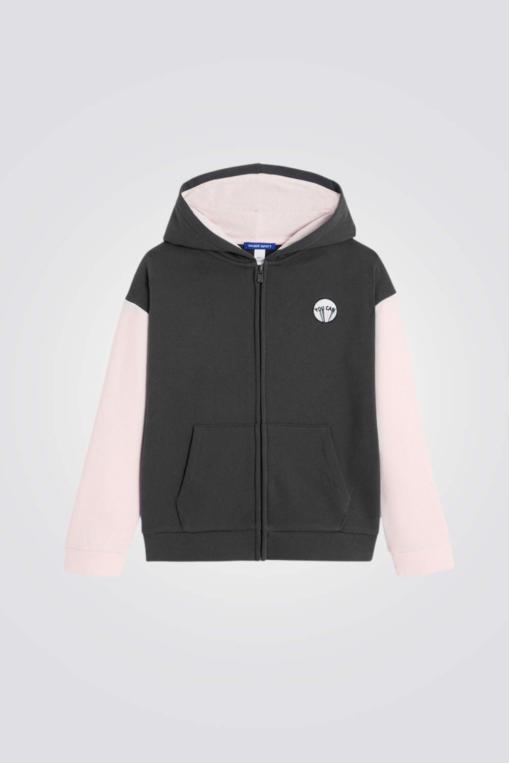 סווטשירט ילדות עם רוכסן וקאפוצ'ון אפור עם שרוול ורוד