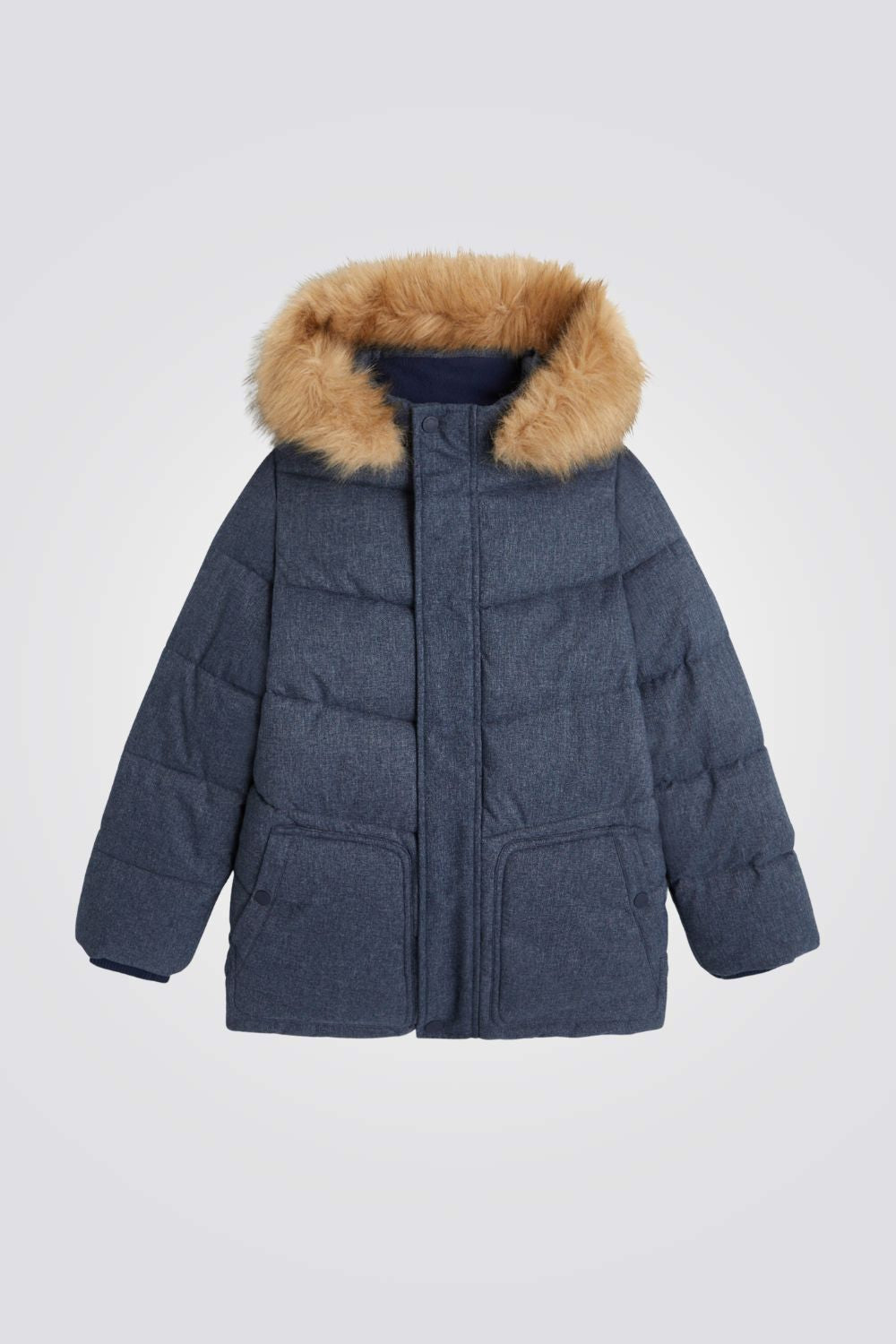 מעיל לילדים בצבע כחול ג'ינס עם כובע פרווה