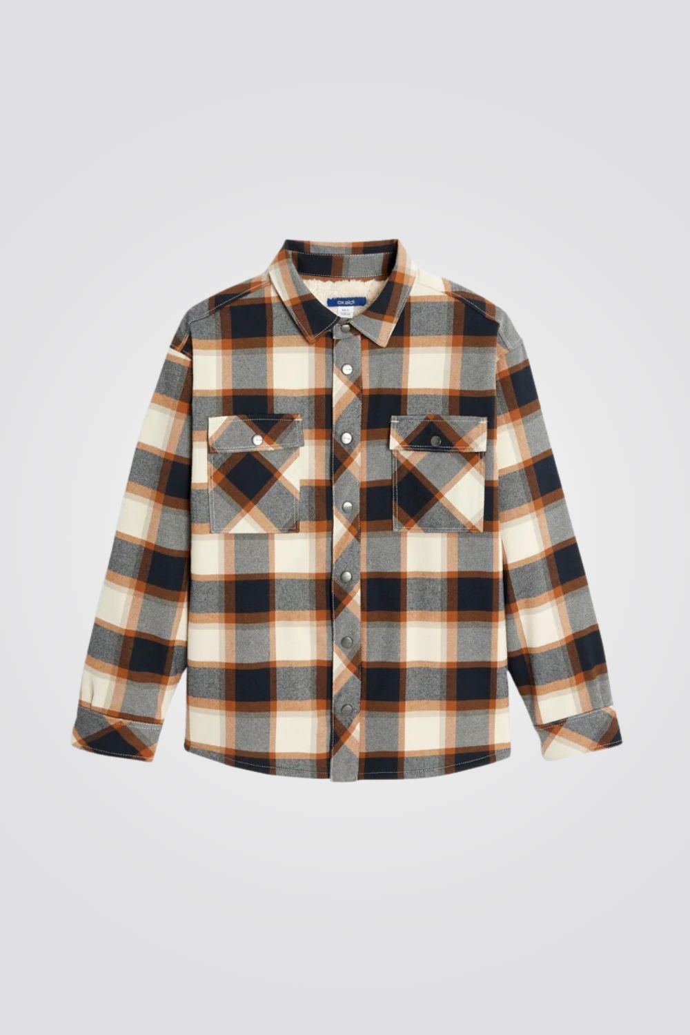 חולצת ג'קט פלנל מכופתרת לילדים בשיבוץ גדול כחול וקאמל