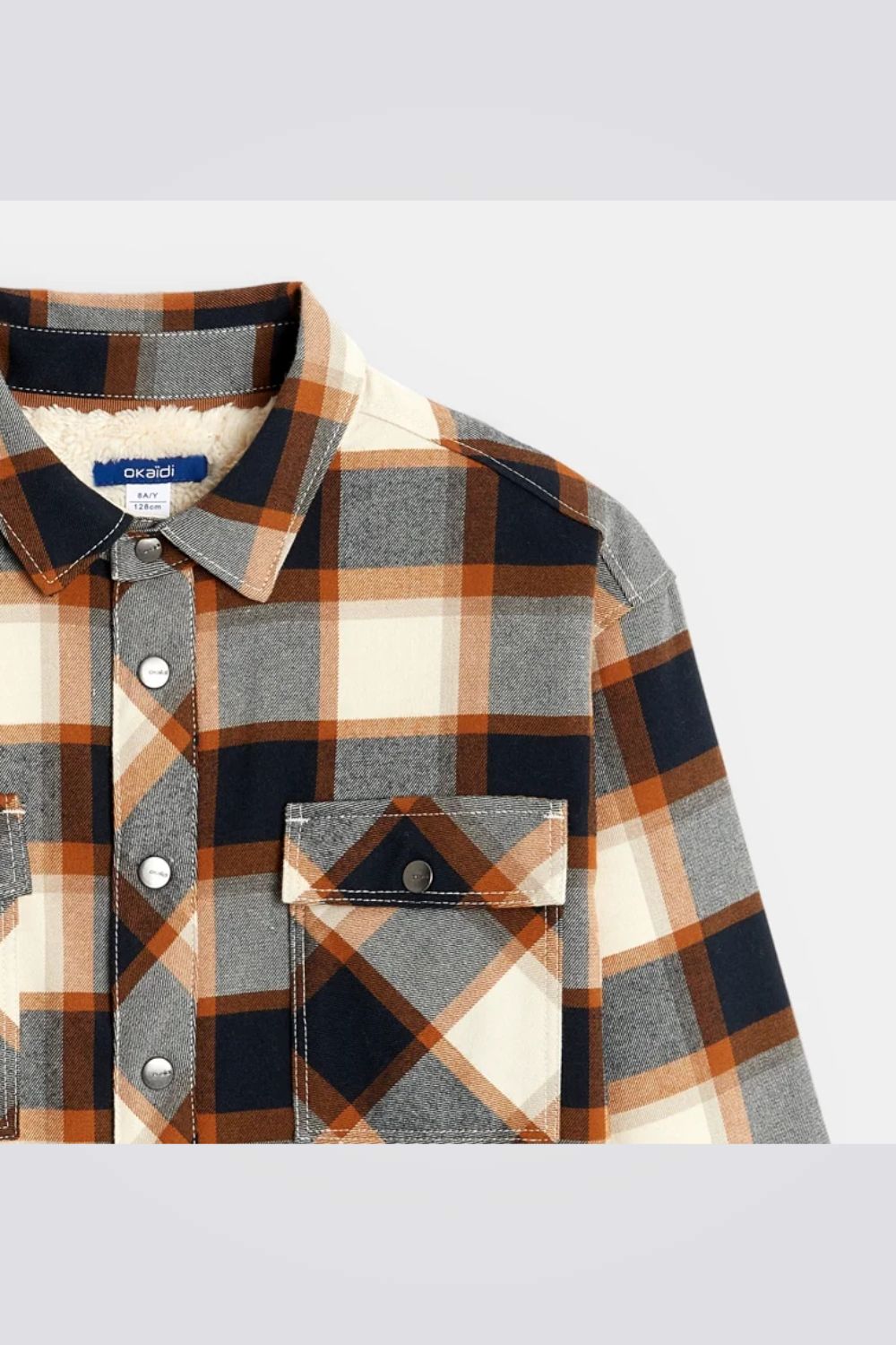 חולצת ג'קט פלנל מכופתרת לילדים בשיבוץ גדול כחול וקאמל