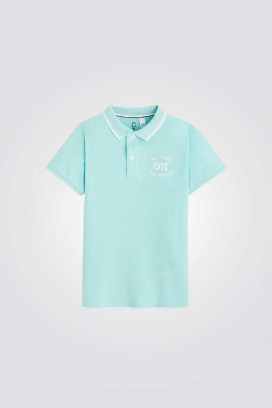 חולצת פולו קצרה לנערים בצבע כחול טהיטי