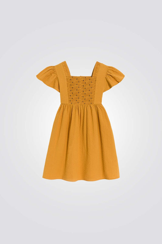 שמלה לילדות בצבע צהוב עם טקסטורת רקמה