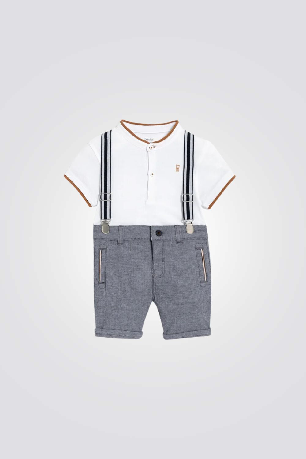 סט מכנסי כתפיות בצבע אפור וטישירט לבנה לתינוקות