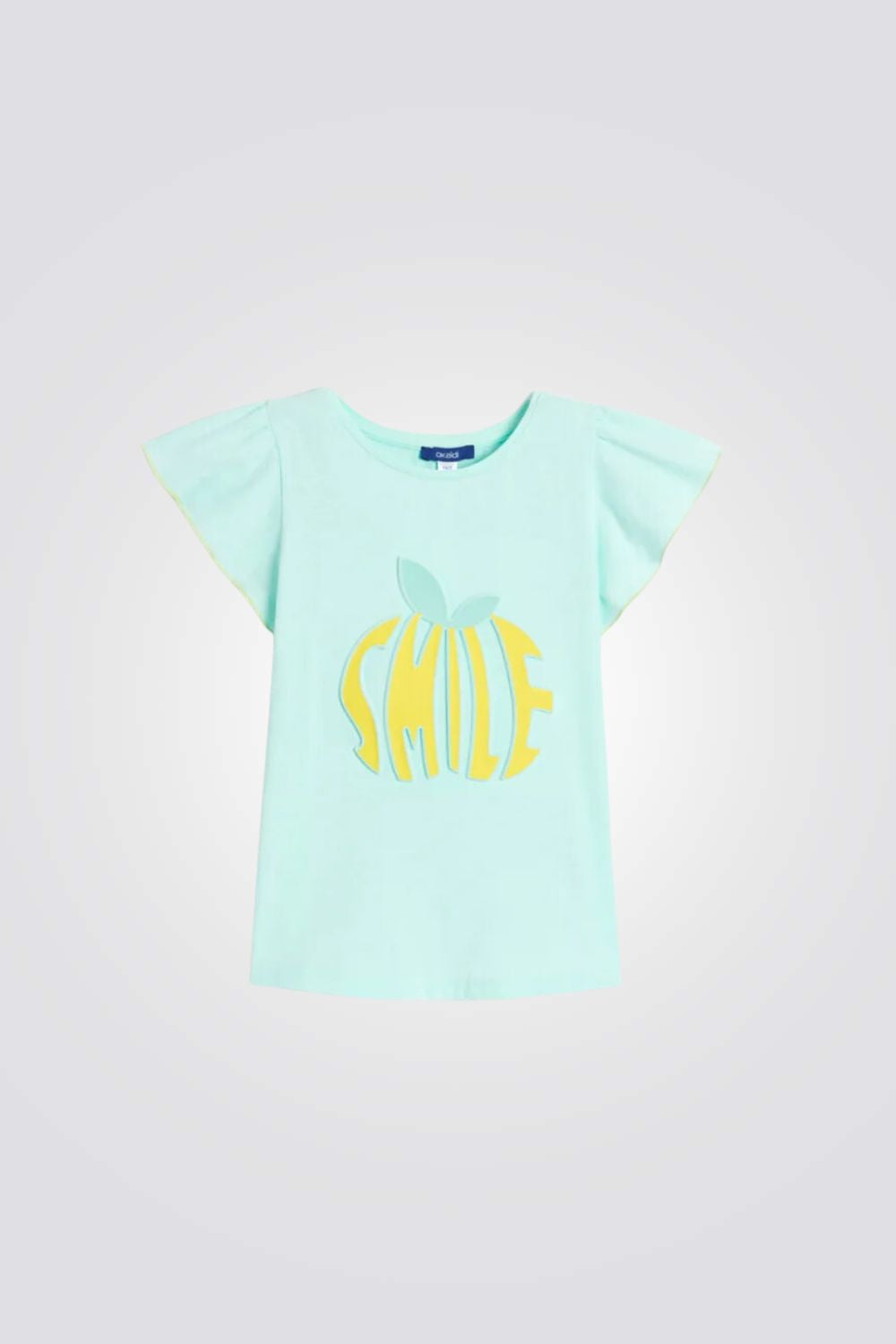 טישירט לילדות בצבע טורקיז עם הדפס בצבע צהוב
