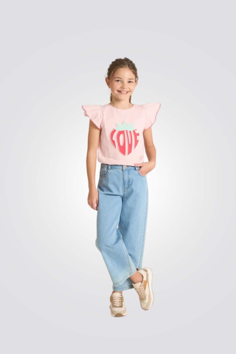 טישירט לילדות בצבע ורוד עם הדפס אדום