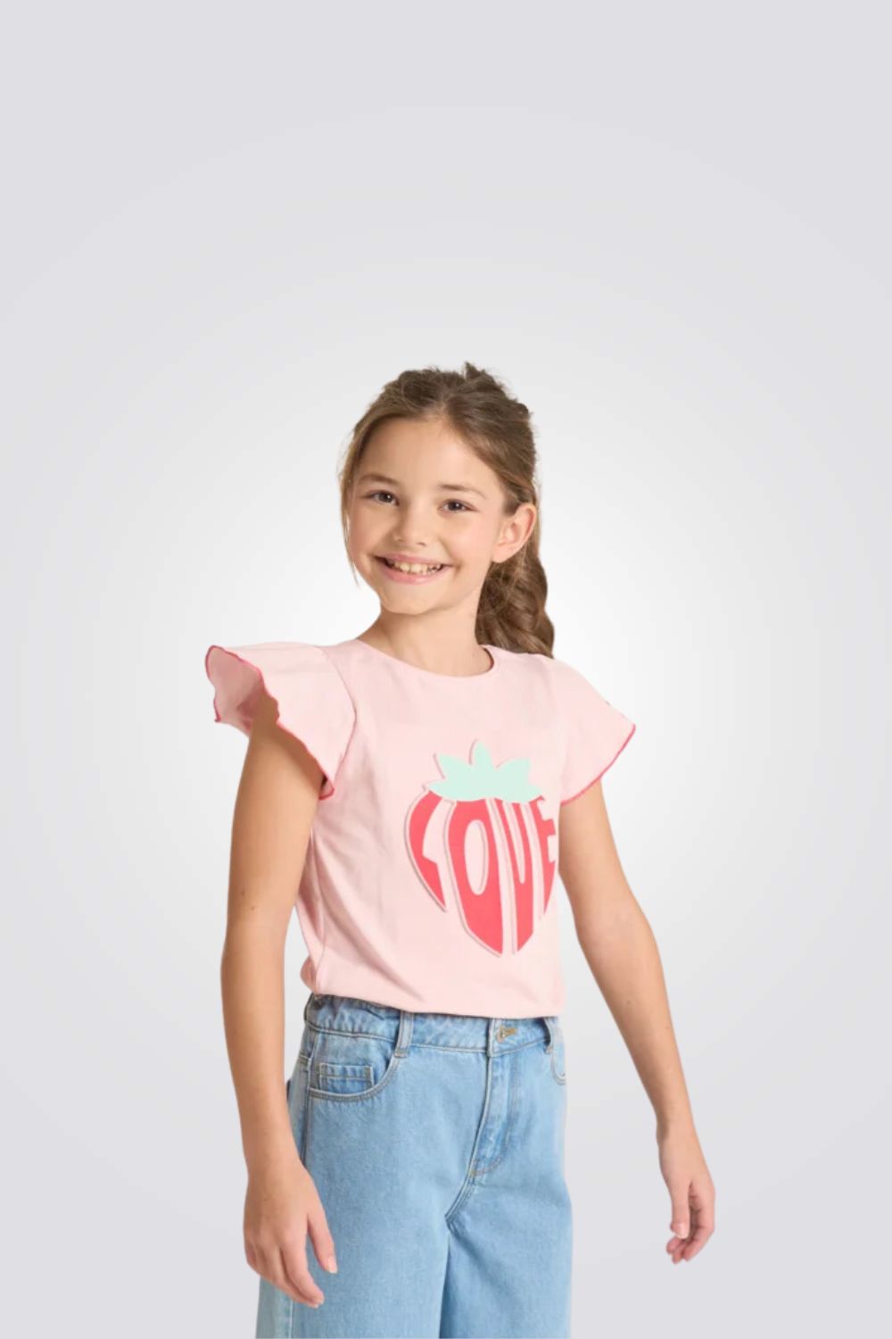 טישירט לילדות בצבע ורוד עם הדפס אדום