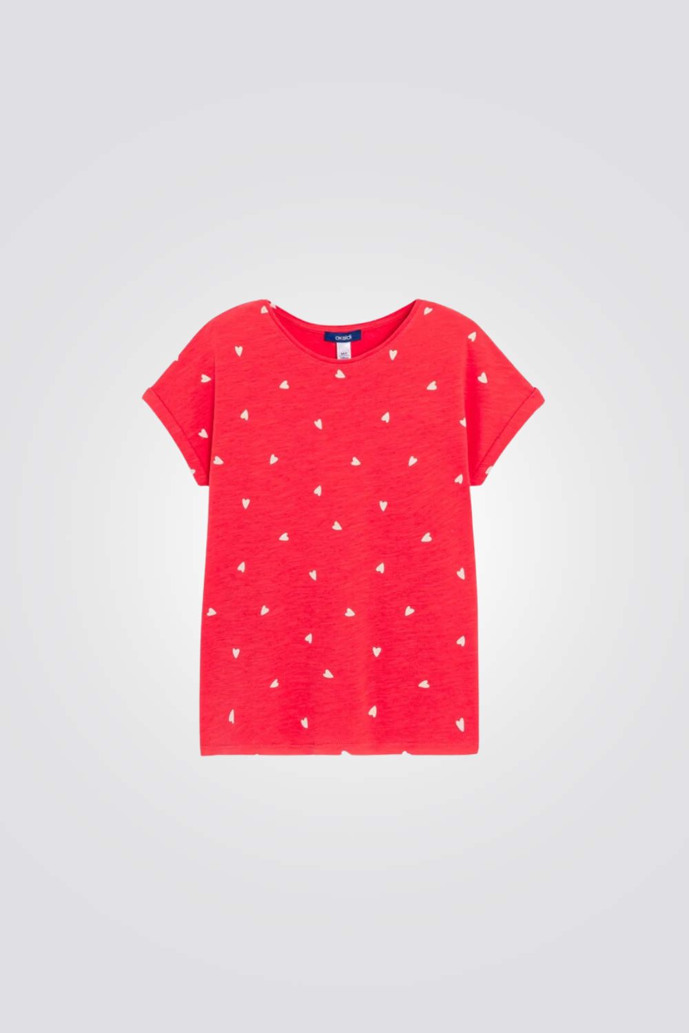 טישירט לילדות בצבע אדום עם הדפס לבבות בלבן