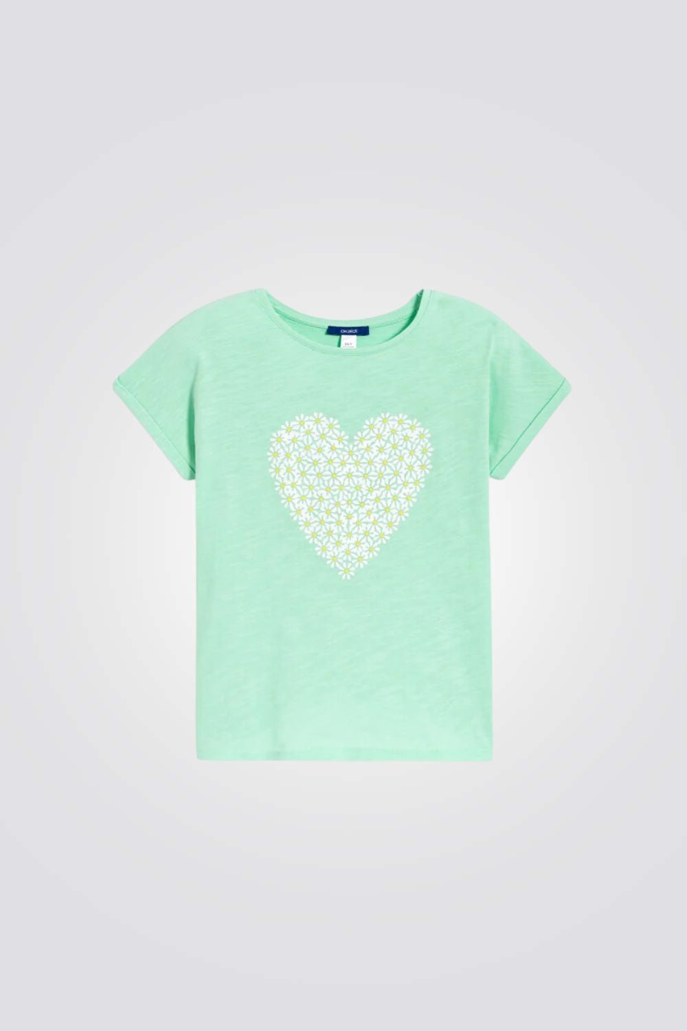 טישירט לילדות בצבע ירוק עם הדפס לב פרחוני
