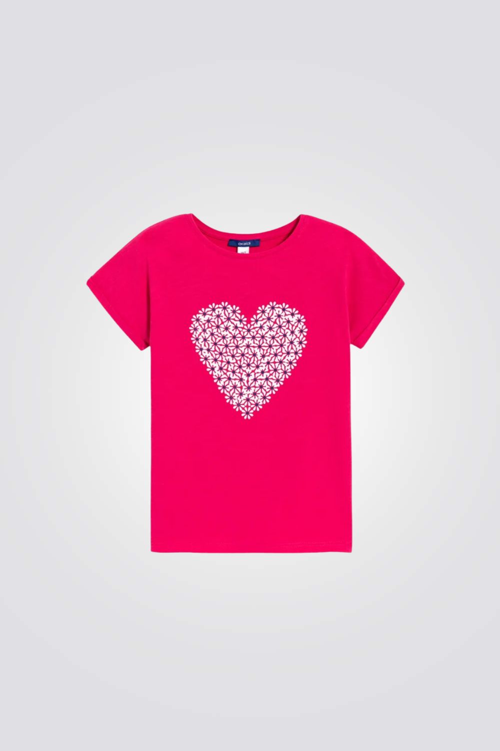 טישירט לילדות בצבע ורוד פוקסיה עם הדפס לב פרחוני