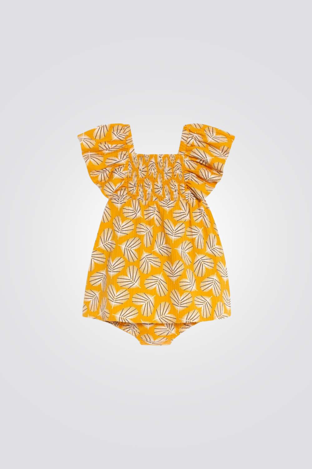 שמלה לתינוקות בצבע צהוב עם הדפס עלים