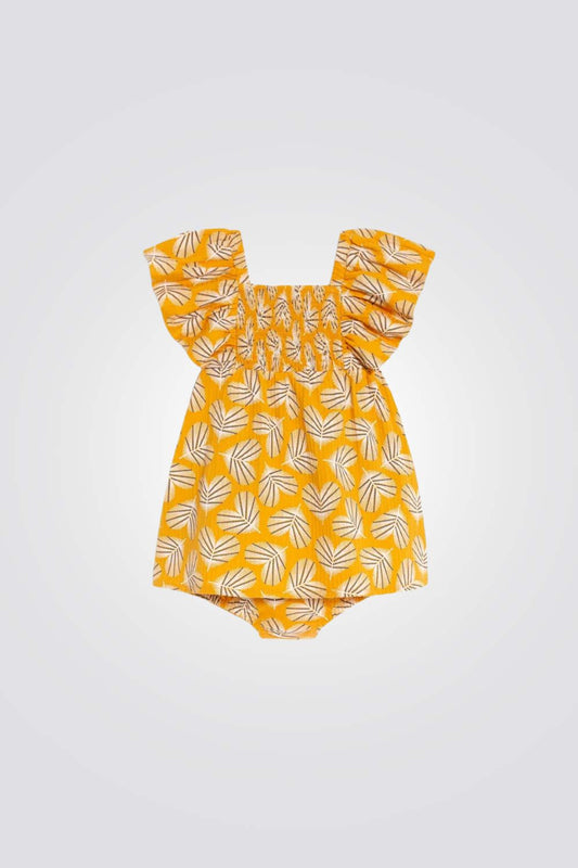 שמלה לתינוקות בצבע צהוב עם הדפס עלים