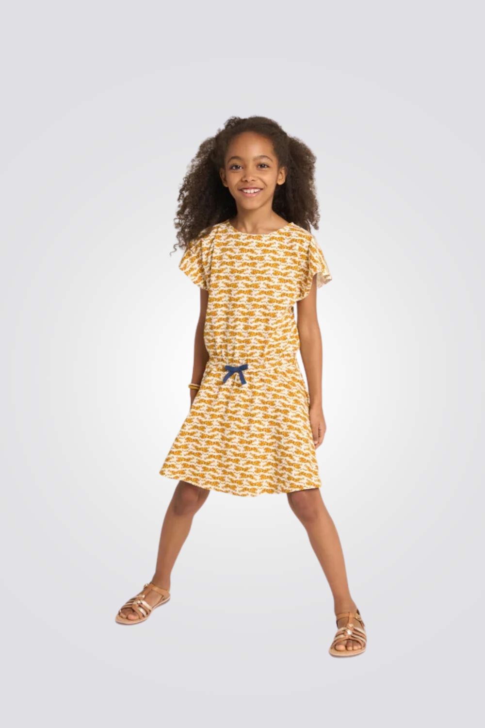 שמלה לילדות בצבע צהוב עם הדפס נמרים