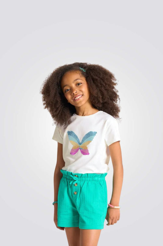 טישירט לילדות בצבע לבן עם פרפר פאייטים צבעוני
