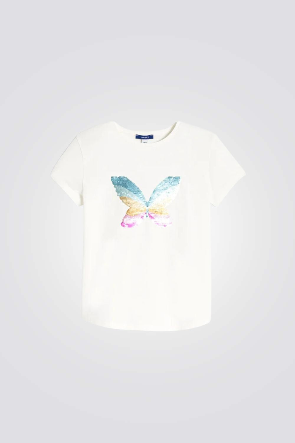טישירט לילדות בצבע לבן עם פרפר פאייטים צבעוני