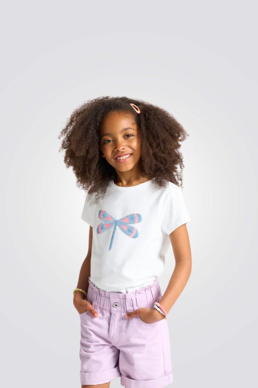 טישירט לילדות בצבע לבן עם שפירית פאייטים צבעונית