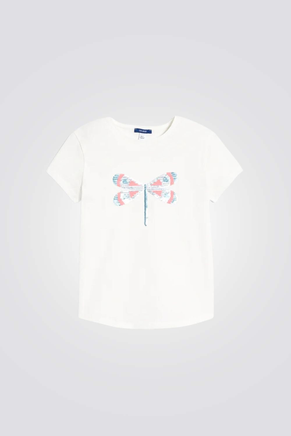 טישירט לילדות בצבע לבן עם שפירית פאייטים צבעונית