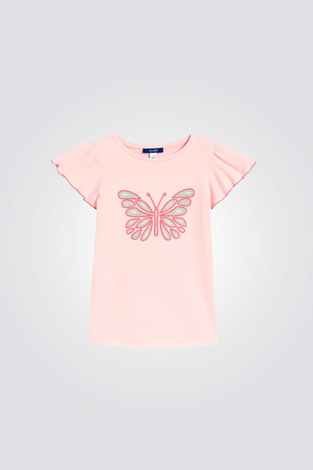 טישירט לילדות בצבע ורוד עם רקמת פרפר