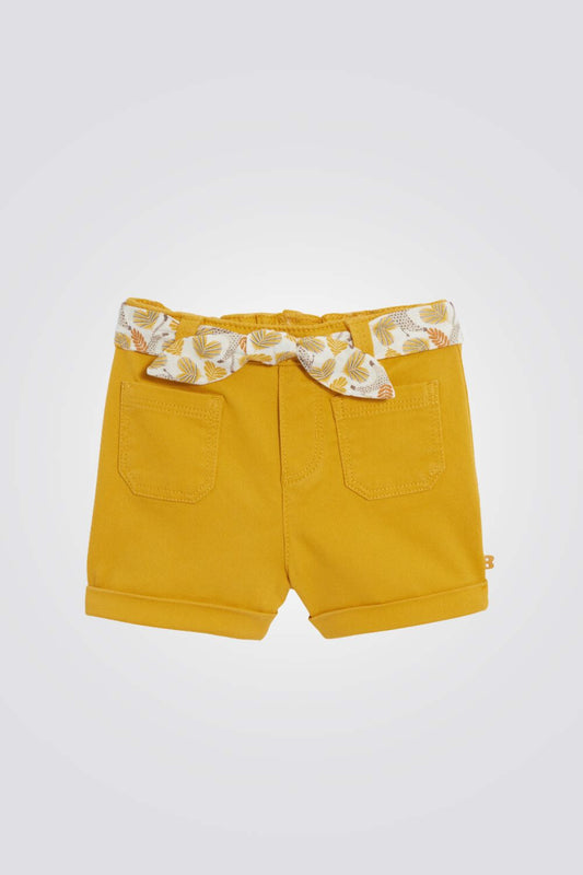 מכנסי ברמודה לתינוקות בצבע צהוב עם חגורת קשירה