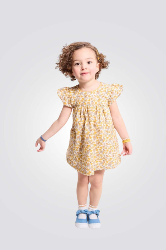 שמלה לתינוקות בצבע צהוב עם הדפס חיות