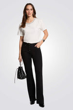 מכנסיים ארוכים Bootcut כפתורים דקורטיביים בצבע שחור