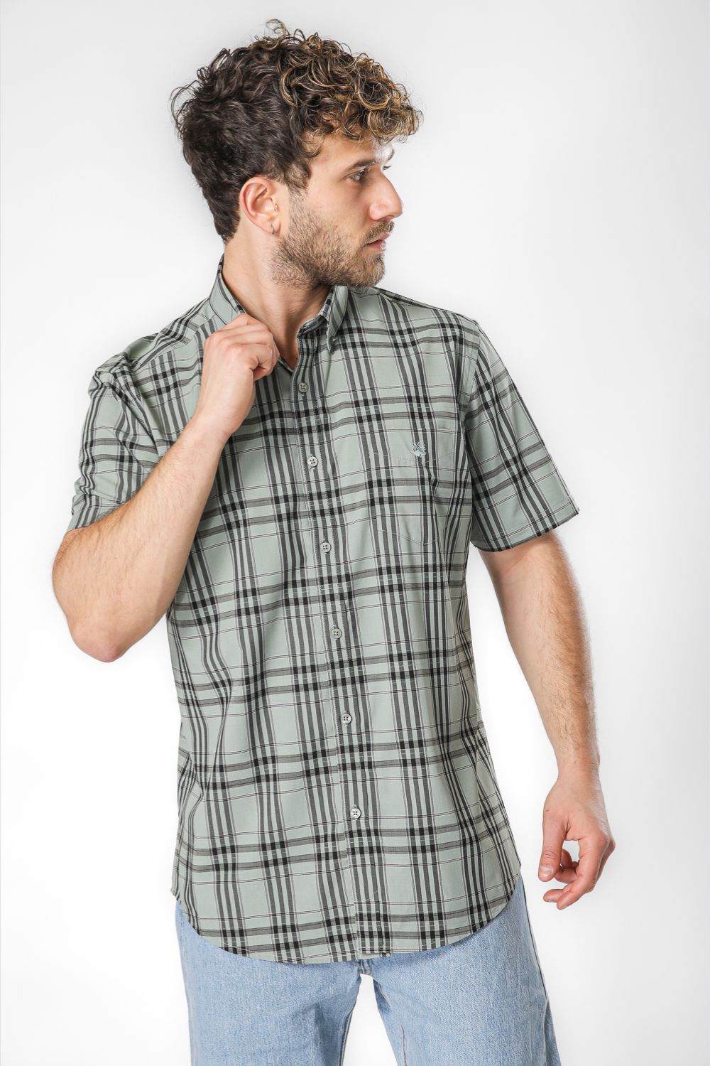 חולצה מכופתרת הדפס משבצות שרוולים קצרים