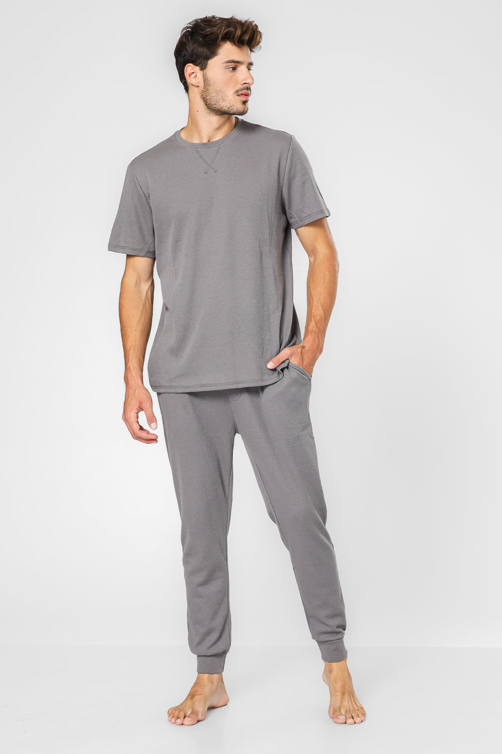 סט פיג'מה WAFFLE בצבע אפור