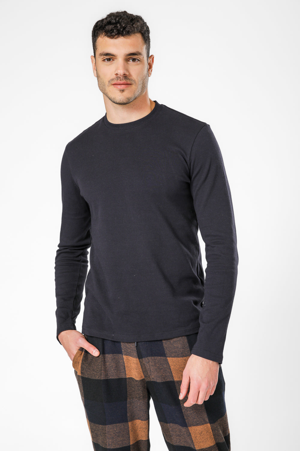 סט פיג’מה אינטרלוק ופלנל כחול נייבי