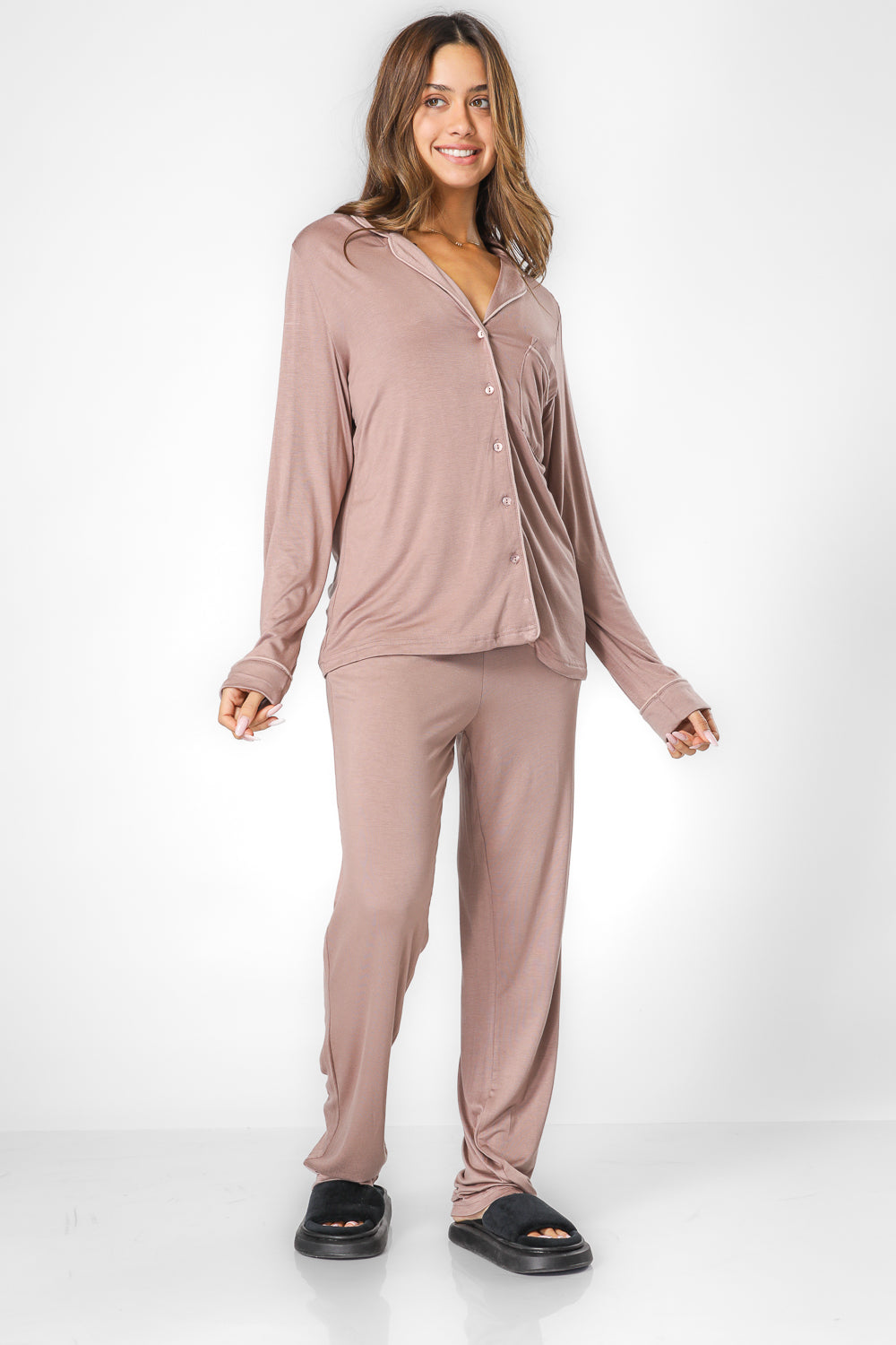 סט פיג'מת ריב פסים מכופתרת